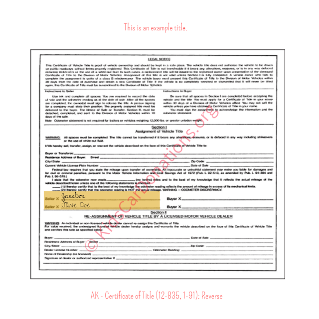 Alaska Certificate of Title (12-835, 1-91): Reverse | Kids Car Donations
